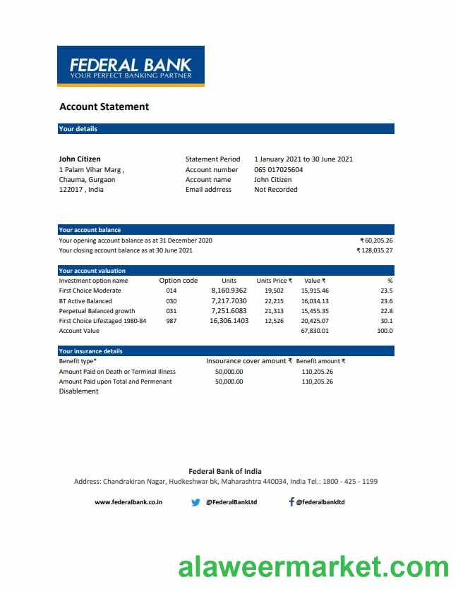 India Federal Bank statement easy to fill template in .xls and .pdf file format